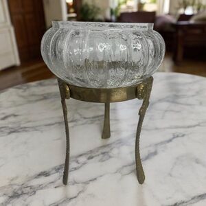Vintage Scalloped Crackle Glass Bowl and Gold Brass Stand